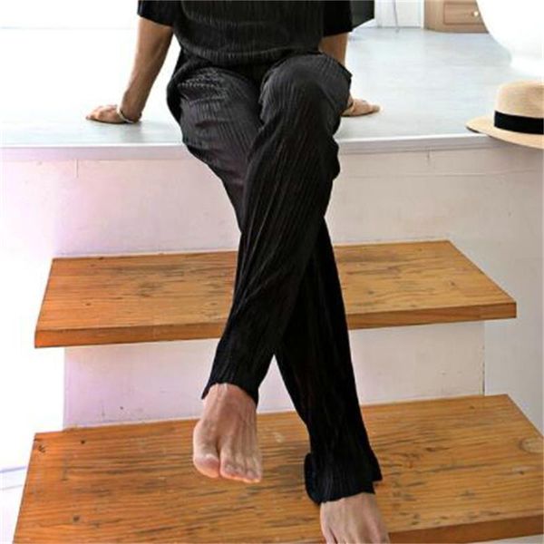 men's pants korean fashion 2021 summer solid stripe relaxed casual big, Black