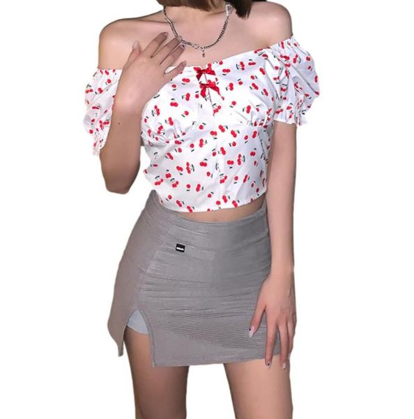 women fashion puff sleeve cherry print stylish square collar for ladies female women's t-shirt, White
women fashion puff sleeve cherry print stylish square collar for ladies female women's t-shirt, White