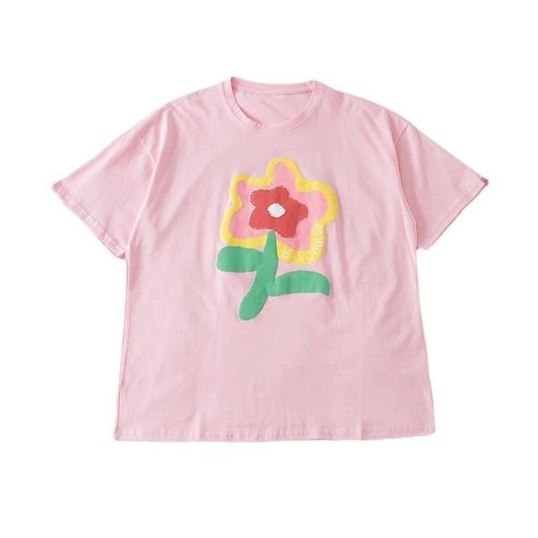 women's t-shirt loose casual flower print short-sleeved summer high-quality cotton o-neck preppy style student shirt, White
women's t-shirt loose casual flower print short-sleeved summer high-quality cotton o-neck preppy style student shirt, White