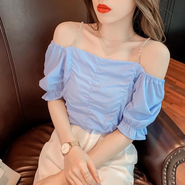 women's blouses & shirts blouse women 2021 summer elegant pearl chain strap off shoulder shirt flared sleeves short solid color fol, White
women's blouses & shirts blouse women 2021 summer elegant pearl chain strap off shoulder shirt flared sleeves short solid color fol, White