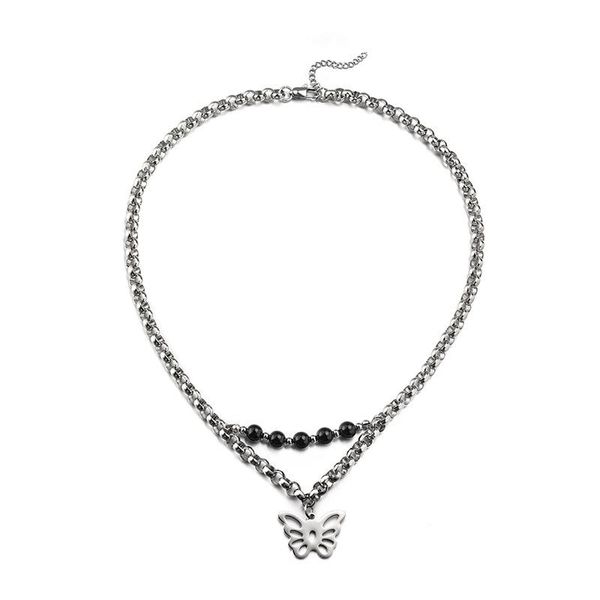chains fashion stainless steel double necklace round bead butterfly pendant hip hop men's and women's jewelry, Silver
chains fashion stainless steel double necklace round bead butterfly pendant hip hop men's and women's jewelry, Silver