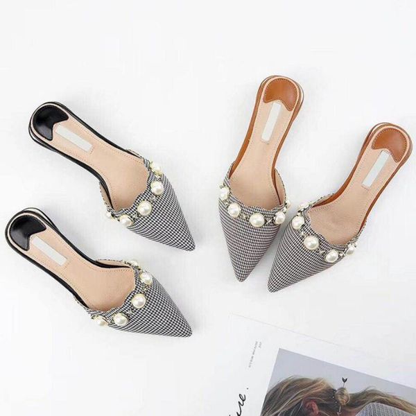 closed pointed toe pearl slippers women black white plaid sandals designer metal heel flip flops ladies checkered slides y755
closed pointed toe pearl slippers women black white plaid sandals designer metal heel flip flops ladies checkered slides y755