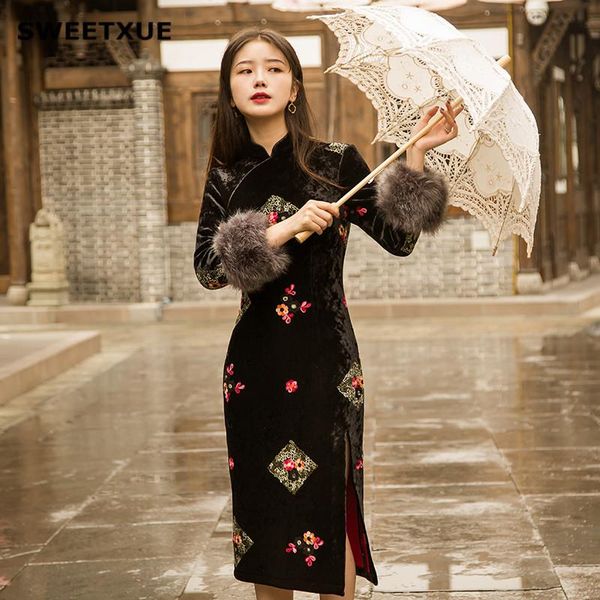 casual dresses sweetxue black velvet print slim fur sleeve cheongsam retro warm autumn winter vintage embroidery women, Black;gray
casual dresses sweetxue black velvet print slim fur sleeve cheongsam retro warm autumn winter vintage embroidery women, Black;gray