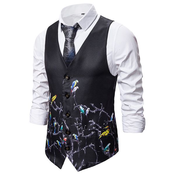 fashion vest men suit men's 3d european bird tree print single breasted, Black;white
fashion vest men suit men's 3d european bird tree print single breasted, Black;white