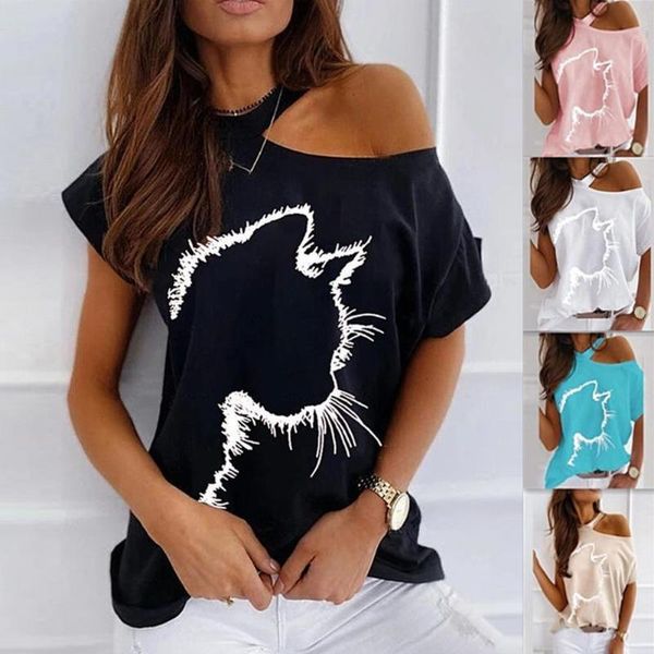 women's t-shirt women fashion plus size o neck halter cats print short sleeve loose tee summer, White 
women's t-shirt women fashion plus size o neck halter cats print short sleeve loose tee summer, White