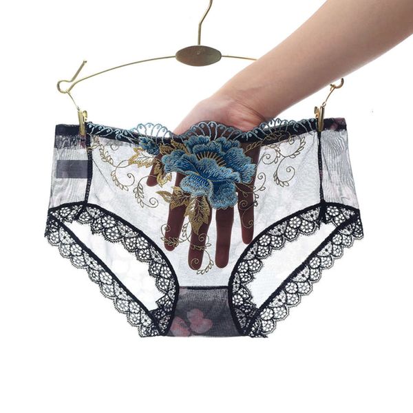 embroidered lace transparent low waist cotton briefs, Black;pink 
embroidered lace transparent low waist cotton briefs, Black;pink