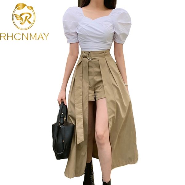 fashion summer puff sleeve women's elegant white blouses + high waist split long skirt two piece set female suit 210506
fashion summer puff sleeve women's elegant white blouses + high waist split long skirt two piece set female suit 210506