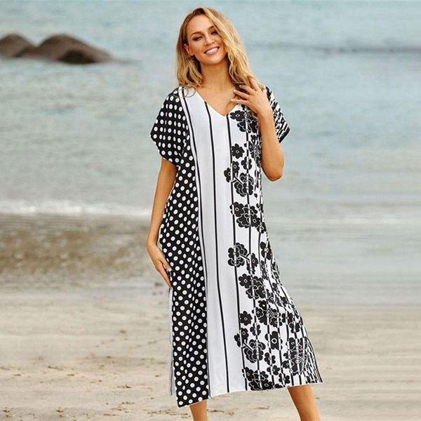 women's swimwear irregular printing v-neck beach cover ups dot short sleeve kaftan plus size stripe dress maxi, White;black
women's swimwear irregular printing v-neck beach cover ups dot short sleeve kaftan plus size stripe dress maxi, White;black
