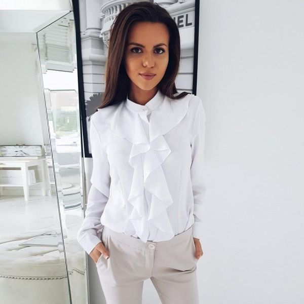 women's blouses & shirts 2021 long sleeve lotus leaf edge v neck ladies office elegant button womens and camisas mujer ez*, White
women's blouses & shirts 2021 long sleeve lotus leaf edge v neck ladies office elegant button womens and camisas mujer ez*, White