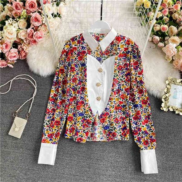 spring retro ruffled floral chiffon stand-up collar shirt female sweet age-reducing temperament loose puff sleeve c125 210506, White 
spring retro ruffled floral chiffon stand-up collar shirt female sweet age-reducing temperament loose puff sleeve c125 210506, White