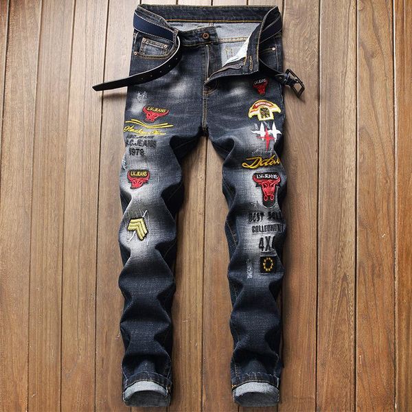 men's jeans slim fit personalized elastic embroidered leggings trend, Blue
