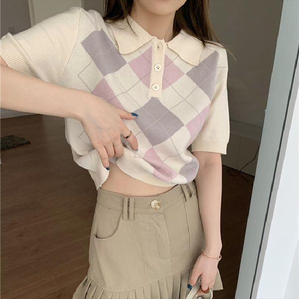 retro y2k argyle knitted pullovers women sweater summer fashion preppy style polo neck loose single breasted short sleeve crop top, White;black
retro y2k argyle knitted pullovers women sweater summer fashion preppy style polo neck loose single breasted short sleeve crop top, White;black