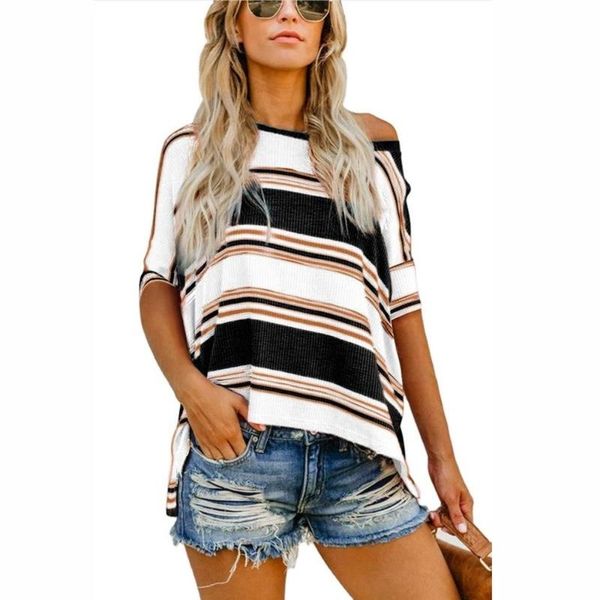 women's t-shirt summer the clothing diagonal collar half sleeve asymmetry color contrast stripe loose coat, White
women's t-shirt summer the clothing diagonal collar half sleeve asymmetry color contrast stripe loose coat, White
