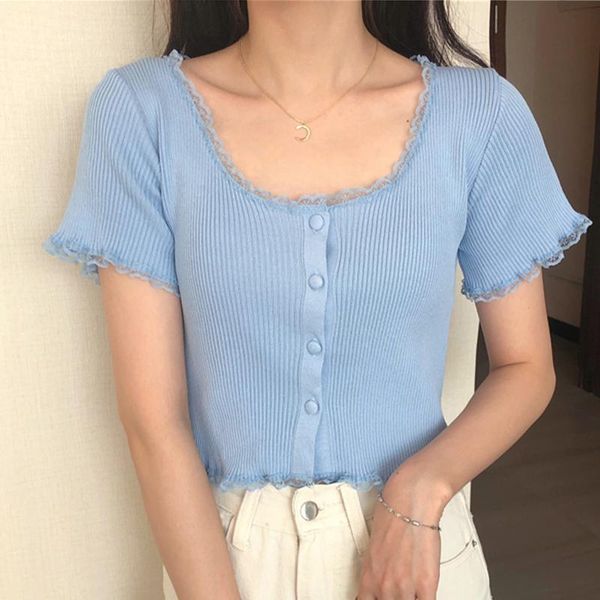 women's t-shirt solid single-breasted button u-neck ruffled korean short-sleeved women fashion slim simple women2021, White
women's t-shirt solid single-breasted button u-neck ruffled korean short-sleeved women fashion slim simple women2021, White