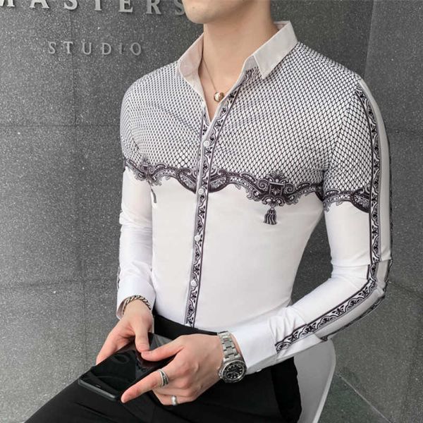 

baroque print shirt men long sleeve camisa masculina slim fit casual dress shirts streetwear social party blouse chemise homme 210527, White;black