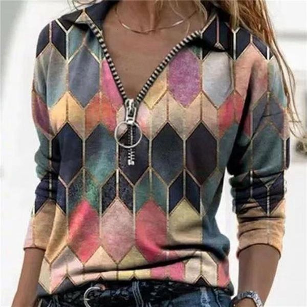 women's t-shirt fashion pullover lapel geometric rhombus print zipper long sleeve casual blouse hoodies spring elegant retro women, White
women's t-shirt fashion pullover lapel geometric rhombus print zipper long sleeve casual blouse hoodies spring elegant retro women, White