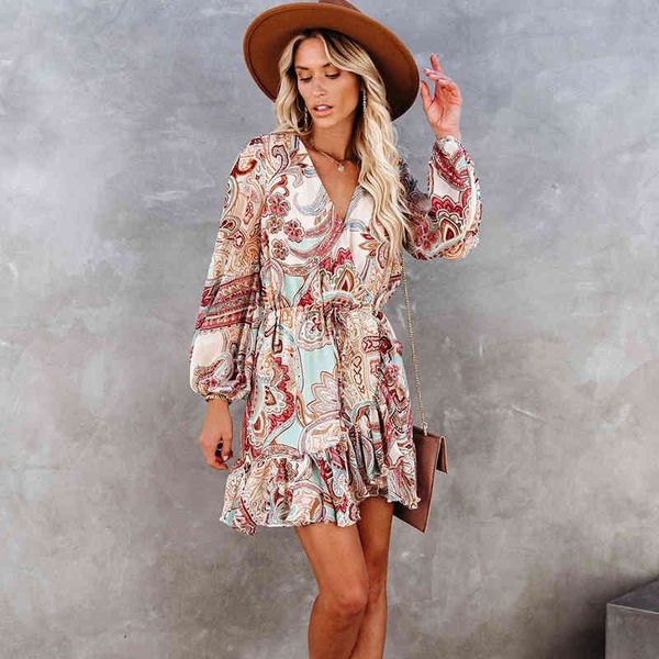 women floral print lace up waist ruffles mini dress autumn winter casual loose v neck long lantern sleeve party short dress 210416, Black;gray
women floral print lace up waist ruffles mini dress autumn winter casual loose v neck long lantern sleeve party short dress 210416, Black;gray