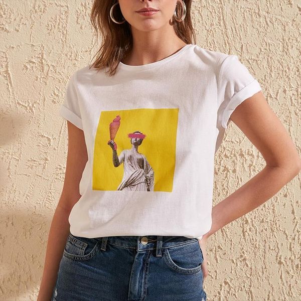 ladies t shirt cartoon printing casual harajuku graphics basic women, White