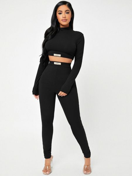 sxy mock neck slogan graphic crop & leggings set m6pe#, White