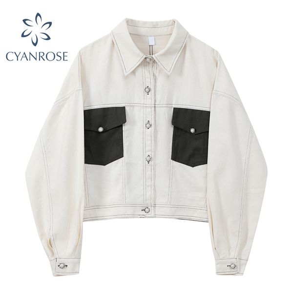 white denim jacket stitched pocket lapel single breasted streetwear korean jean outwear casual loose harajuku bf coat lady 210417, Black;brown
white denim jacket stitched pocket lapel single breasted streetwear korean jean outwear casual loose harajuku bf coat lady 210417, Black;brown