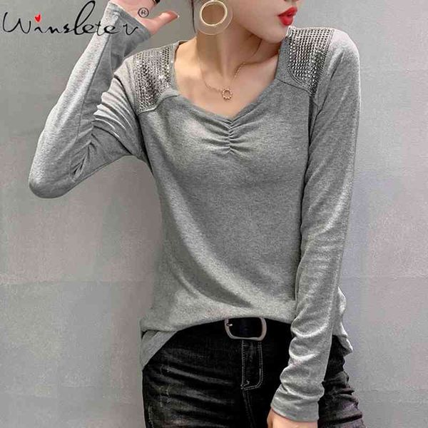 women's t-shirt fall winter european clothes t-shirt fashion v-neck shiny diamond patchwork women ropa mujer casual tees, White
women's t-shirt fall winter european clothes t-shirt fashion v-neck shiny diamond patchwork women ropa mujer casual tees, White