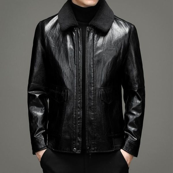 men's leather & faux lapel fur jacket zipper winter middle-aged handsome leisure business jacket., Black
men's leather & faux lapel fur jacket zipper winter middle-aged handsome leisure business jacket., Black