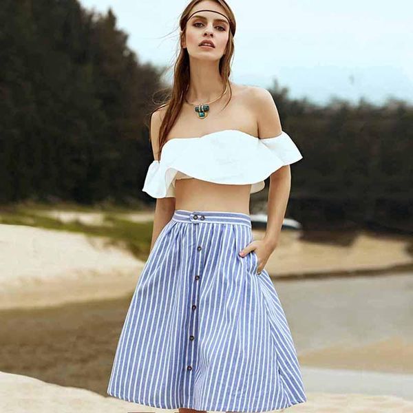 summer arrival women striped a-line blue single-breasted skirt fashion casual high waist knee-length skirts, Black
summer arrival women striped a-line blue single-breasted skirt fashion casual high waist knee-length skirts, Black