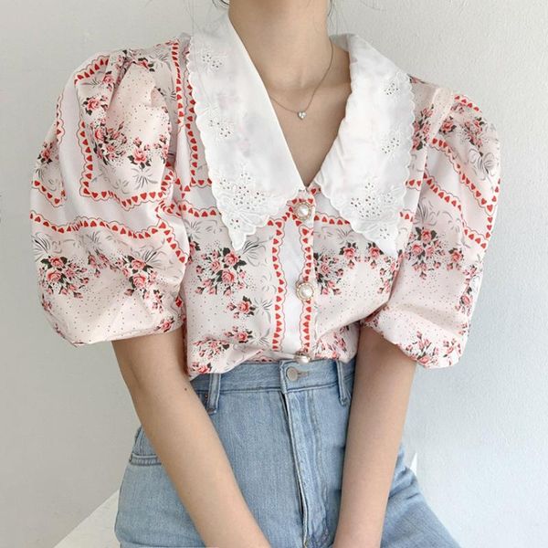 women's blouses & shirts south korea chic summer western style retro lapel heavy industry embroidery buttons puff sleeve chiffon printe, White
women's blouses & shirts south korea chic summer western style retro lapel heavy industry embroidery buttons puff sleeve chiffon printe, White
