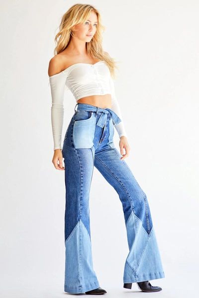 women's color block denim trousers 2021 fashion slim jeans retro high waisted flared pants for female bottoms, Blue
women's color block denim trousers 2021 fashion slim jeans retro high waisted flared pants for female bottoms, Blue