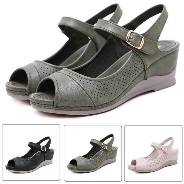 retro women's sandals wedges shoes solid color peep toe buckle strap bohemian summer platform wedge woman footwear, Black 
retro women's sandals wedges shoes solid color peep toe buckle strap bohemian summer platform wedge woman footwear, Black