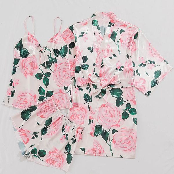 three piece dress robe women's suspender shorts rose print sets lounge wear set satin sleepwear, Black;red
three piece dress robe women's suspender shorts rose print sets lounge wear set satin sleepwear, Black;red