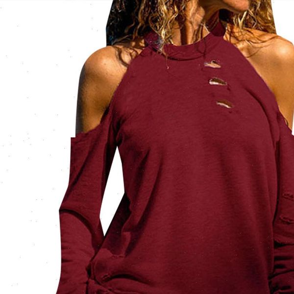 women autumn solid color shirt o neck pullover cold shoulder ripped holes blouse, White
women autumn solid color shirt o neck pullover cold shoulder ripped holes blouse, White