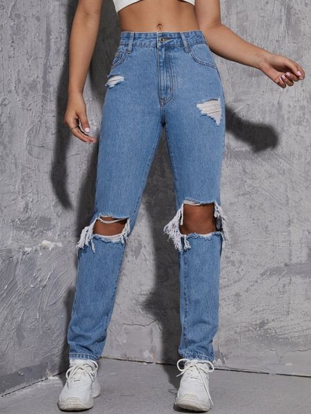 ripped cut out mom fit jeans l7lb#, Blue