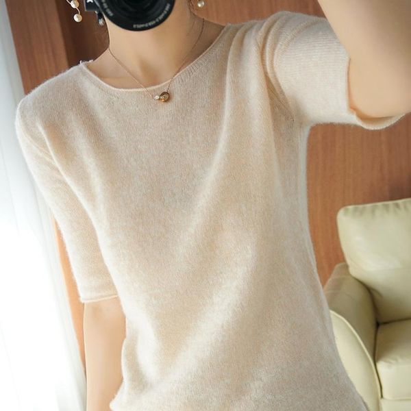 spring 100% pure wool cashmere short sleeve women's quarter round neck pullover thin knitted bottomed sweater t-shirt, White
spring 100% pure wool cashmere short sleeve women's quarter round neck pullover thin knitted bottomed sweater t-shirt, White