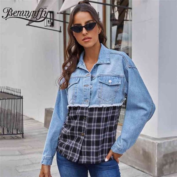 women spring autumn patchwork plaid denim jacket long sleeve single breasted jean coat outwear female casual jackets 210510, Black;brown
women spring autumn patchwork plaid denim jacket long sleeve single breasted jean coat outwear female casual jackets 210510, Black;brown