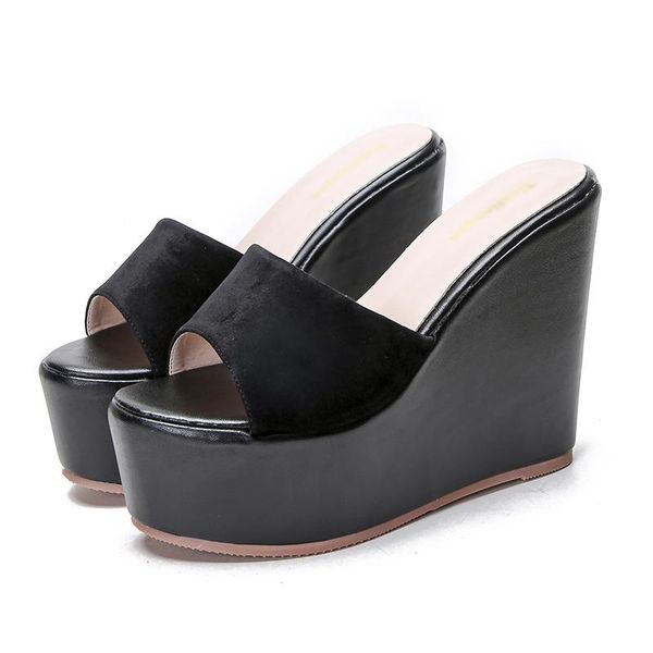 women platform slippers slope with flip flops summer ladies slippers, high-quality, Black