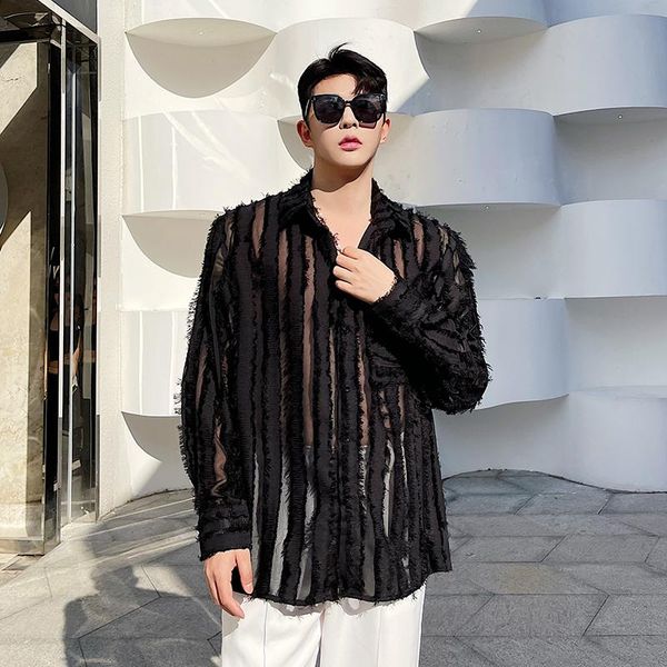 men's casual shirts male streetwear dress sun protection jacket nightclub clothing see through long sleeve loose shirt, White;black
men's casual shirts male streetwear dress sun protection jacket nightclub clothing see through long sleeve loose shirt, White;black