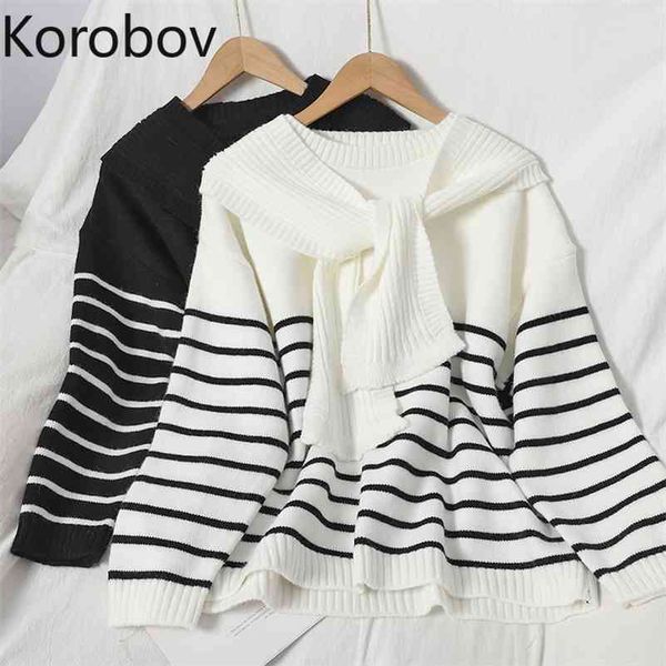 korobov korean elegant o neck hit color striped pullovers sweaters and solid knit shawl 2 pieces sets feamle suits 210430, White
korobov korean elegant o neck hit color striped pullovers sweaters and solid knit shawl 2 pieces sets feamle suits 210430, White