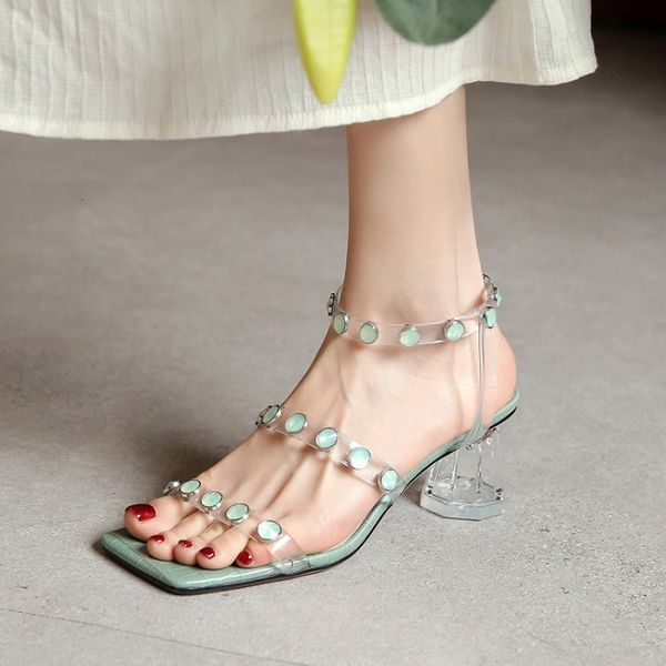 super beautiful summer products square head rivet candy color transparent high-heeled word belt fashion women's sandals, Black
super beautiful summer products square head rivet candy color transparent high-heeled word belt fashion women's sandals, Black