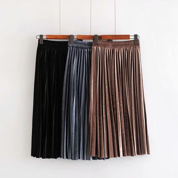 skirts asds women pure color velvet pleated midi skirt faldas mujer elastic waist mid calf length female casual vintage chic, Black 
skirts asds women pure color velvet pleated midi skirt faldas mujer elastic waist mid calf length female casual vintage chic, Black