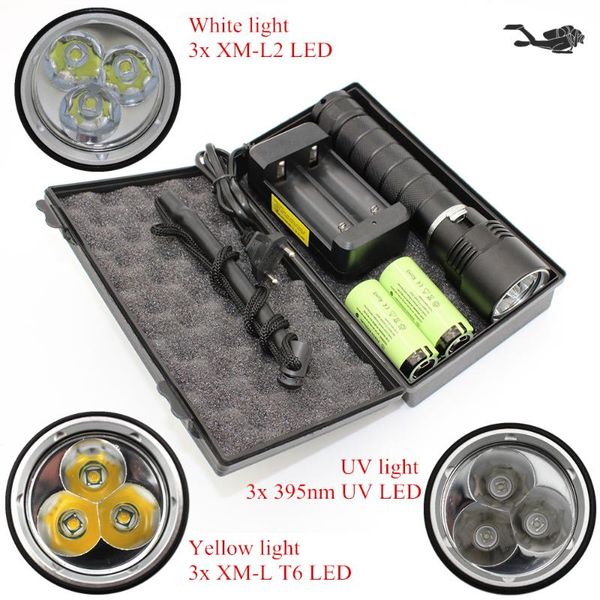 other led lighting l2/t6/uv diving underwater white/yellow/uv light waterproof hunting lamp +26650 battery +charger +box 
other led lighting l2/t6/uv diving underwater white/yellow/uv light waterproof hunting lamp +26650 battery +charger +box