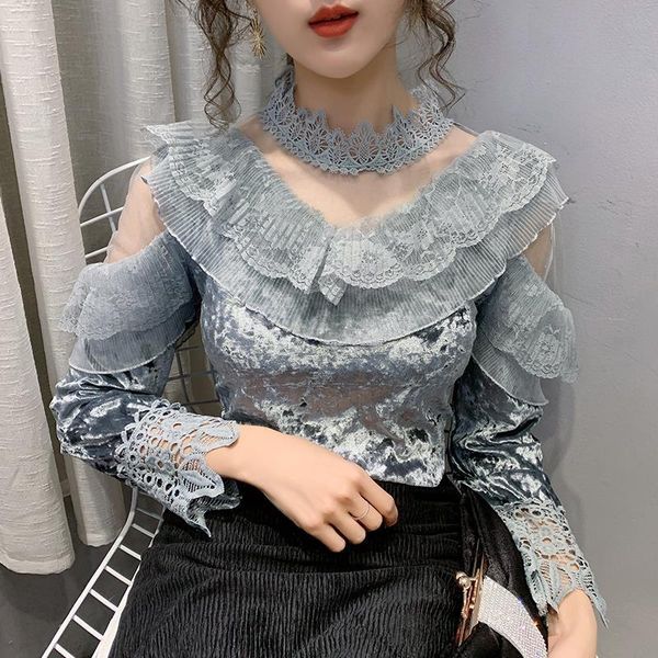 design female golden velvet lace stitching bottoming shirt women autumn winter mesh hollow out loose blouse half high coll, White
design female golden velvet lace stitching bottoming shirt women autumn winter mesh hollow out loose blouse half high coll, White