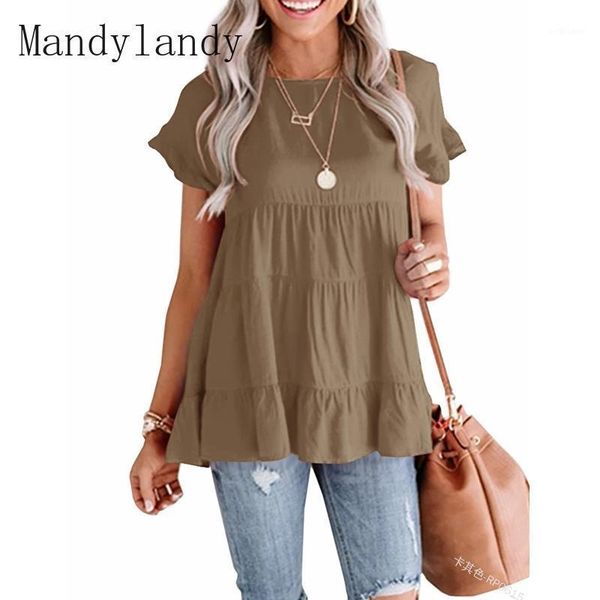 women's t-shirt mandylandy summer fashion o-neck ruffles short sleeve casual solid color pleated stitching, White
women's t-shirt mandylandy summer fashion o-neck ruffles short sleeve casual solid color pleated stitching, White
