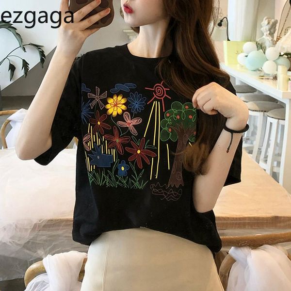women's t-shirt ezgaga summer casual plant&flowers printed graffiti t shirts women short sleeve all-match students sweet loose fashion, White 
women's t-shirt ezgaga summer casual plant&flowers printed graffiti t shirts women short sleeve all-match students sweet loose fashion, White