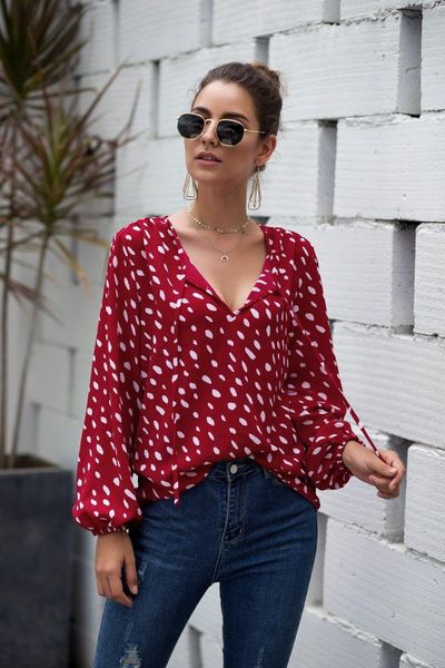 women's blouses & shirts polka dot v-neck puff sleeve long shirt women, White 
women's blouses & shirts polka dot v-neck puff sleeve long shirt women, White