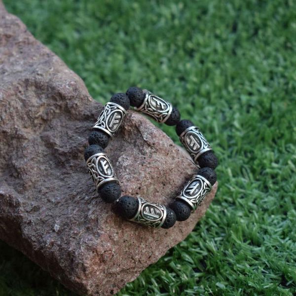 sanlan viking rune lava bead bracelet bangle, Black 
sanlan viking rune lava bead bracelet bangle, Black