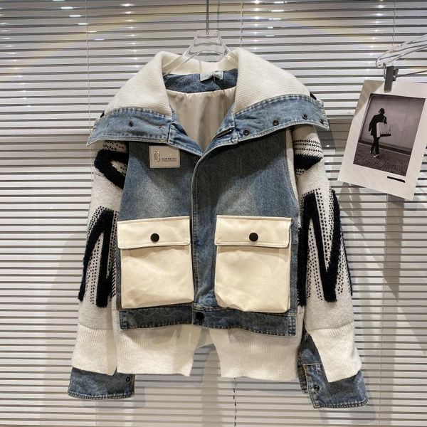 women's jackets 2021 autumn navy shawl collar splicing knitted wool long sleeve denim jacket coat street outerwear, Black;brown
women's jackets 2021 autumn navy shawl collar splicing knitted wool long sleeve denim jacket coat street outerwear, Black;brown