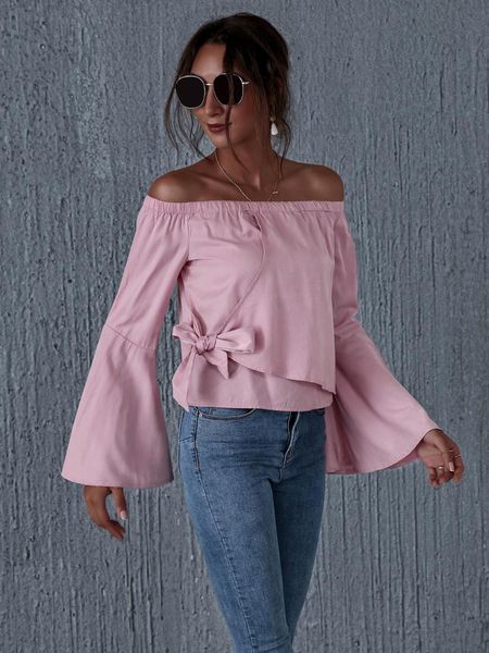 women sweet off shoulder blouses, long flared sleeve bowknot wrap pink shirt women's t-shirt, White
women sweet off shoulder blouses, long flared sleeve bowknot wrap pink shirt women's t-shirt, White