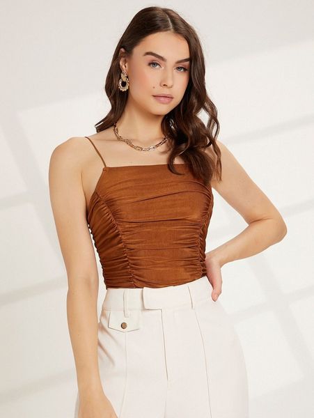 solid ruched slim cami o8co#, White