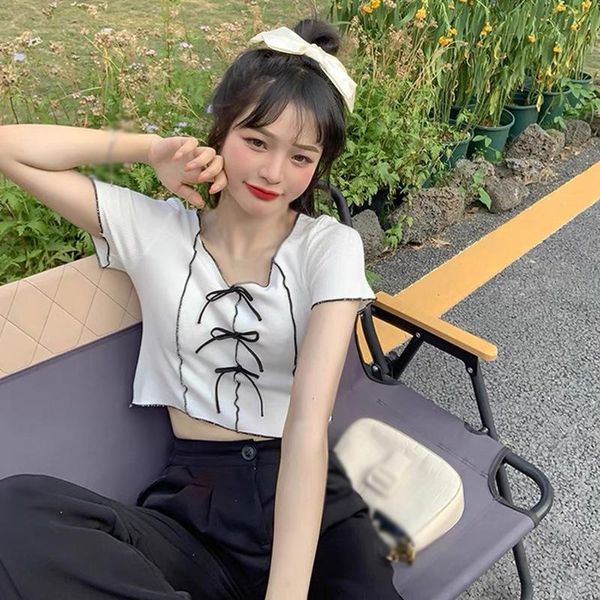 women's t-shirt 2021 summer casual solid knitted round neck bow sweet slim short sleeve tee shirt, White
women's t-shirt 2021 summer casual solid knitted round neck bow sweet slim short sleeve tee shirt, White